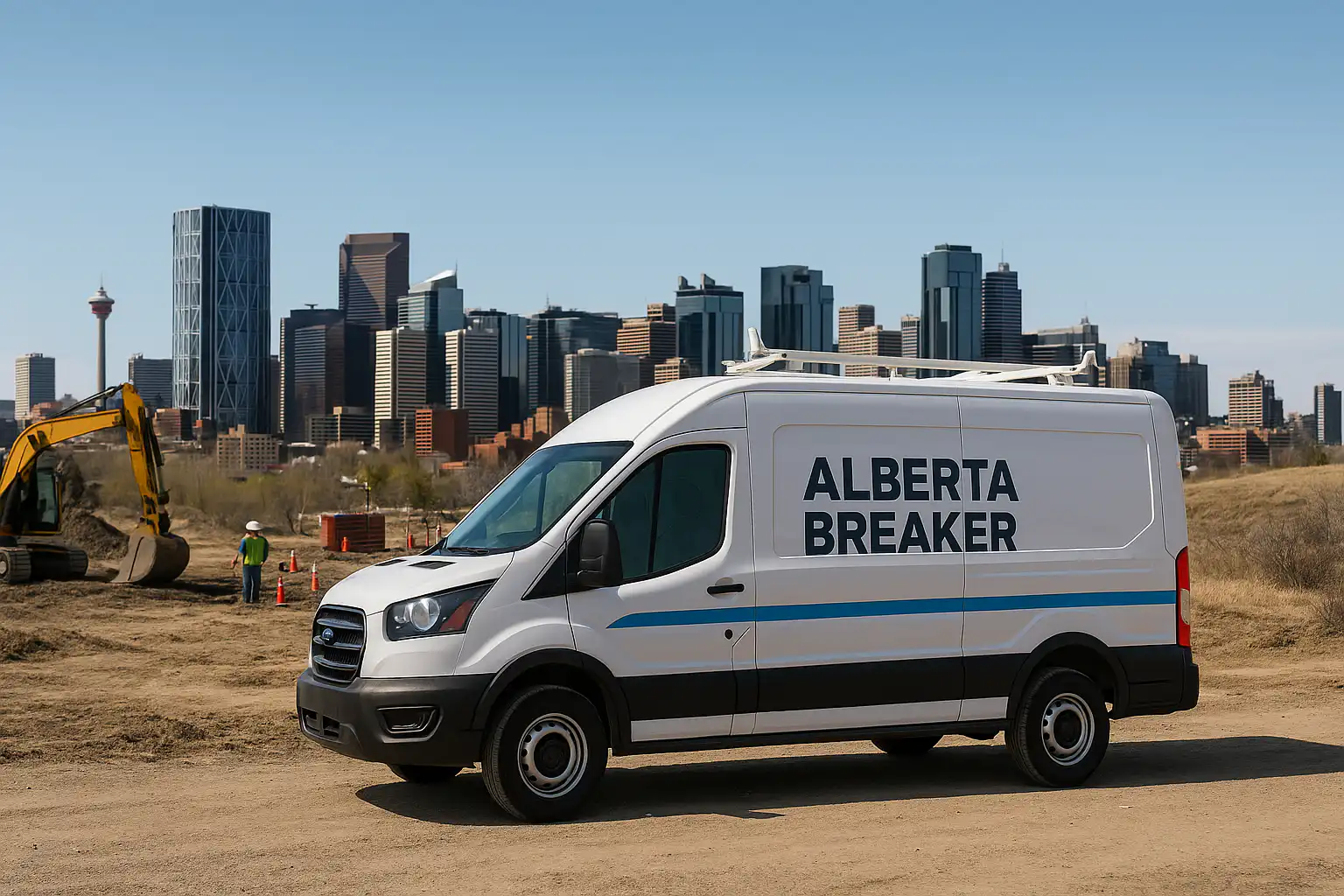 Alberta Breaker & Supply Co Ltd service van parked at a construction site with the Calgary downtown skyline in the background, representing access to the best breaker brands in Alberta