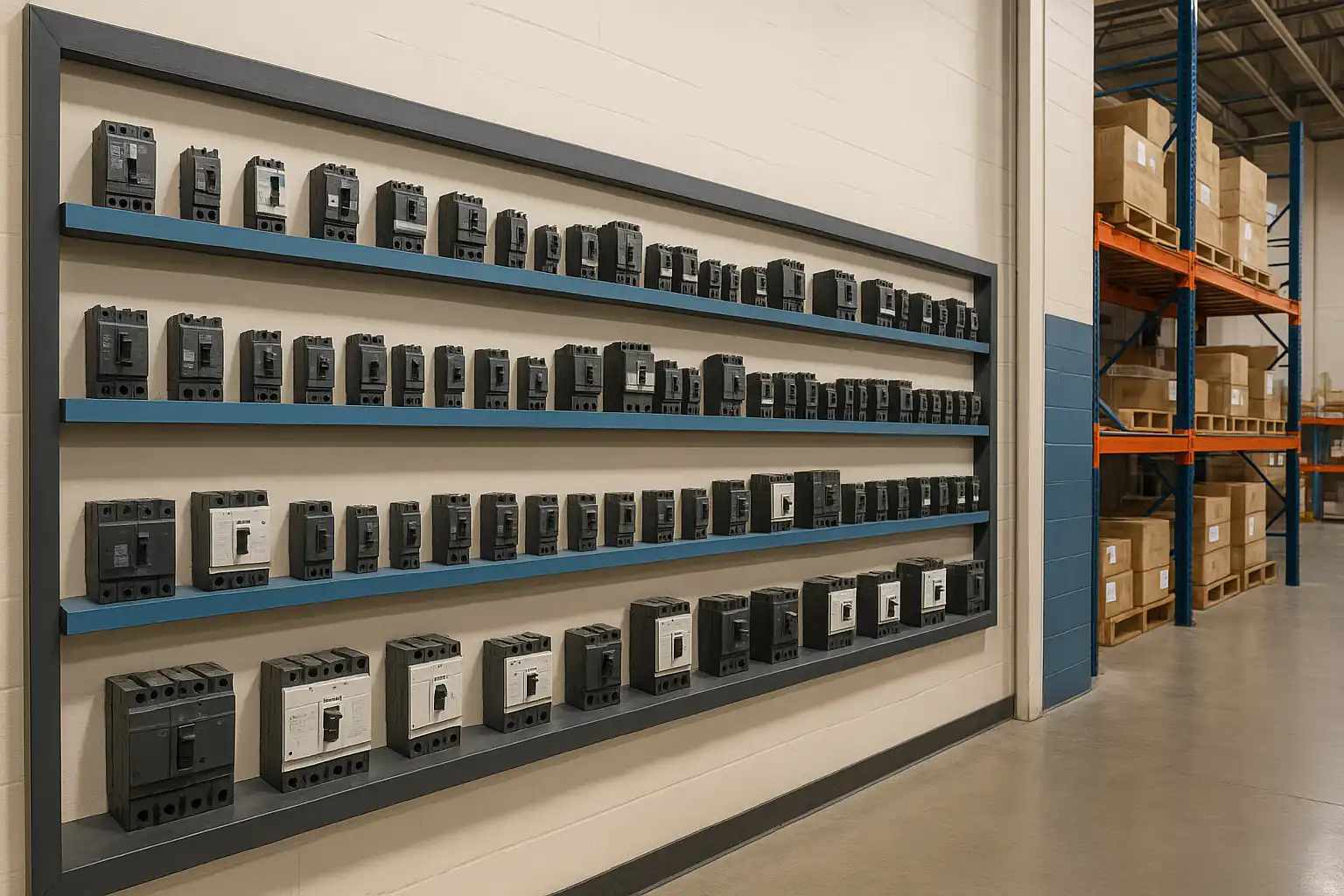 Shelves in a Calgary and Edmonton warehouse displaying a wide range of top breaker brands available at Alberta Breaker & Supply Co Ltd, with organized circuit breakers and storage boxes in the background.