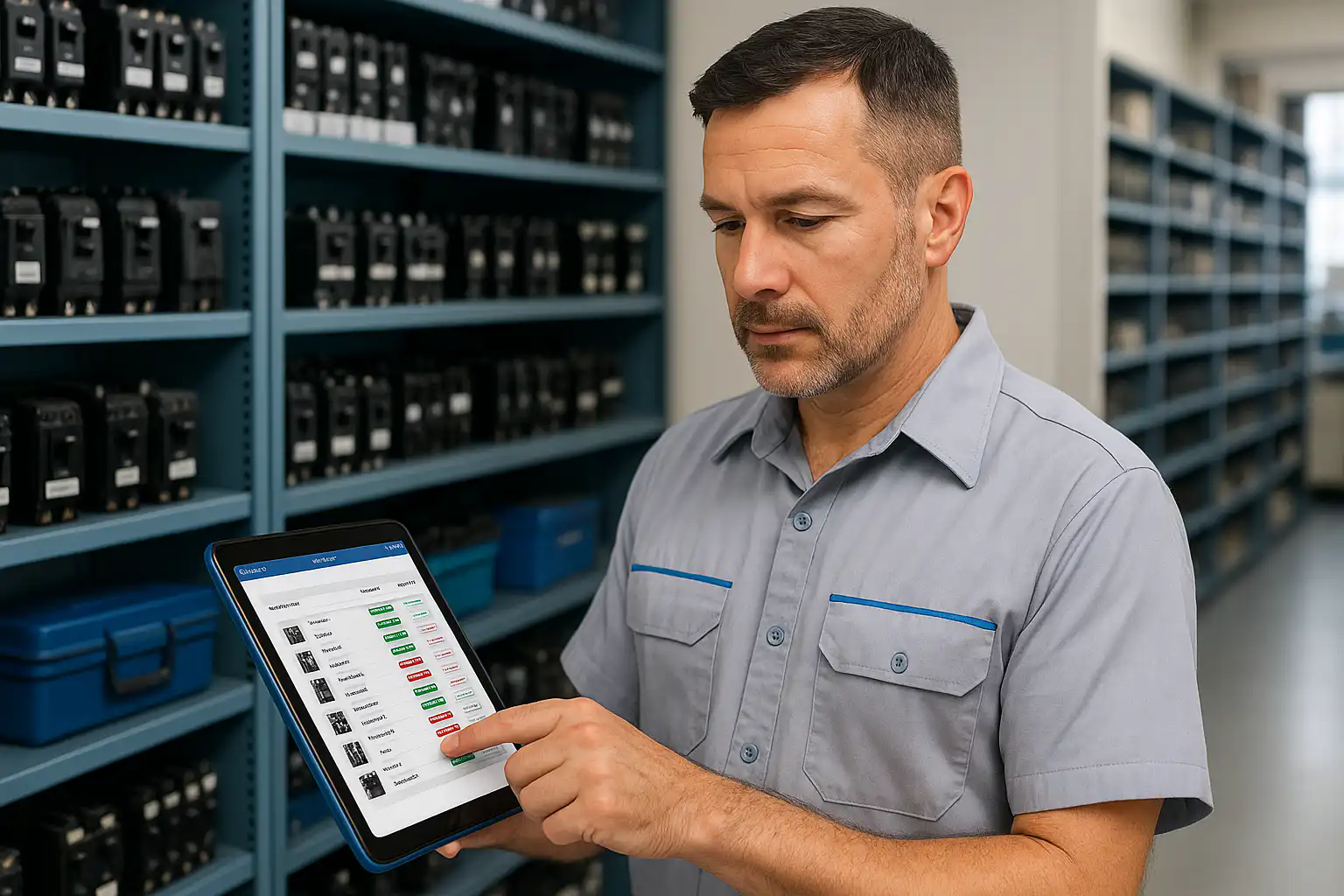 Technician using a tablet to check circuit breaker inventory in a well-organized warehouse, representing best breaker brands selection in Alberta