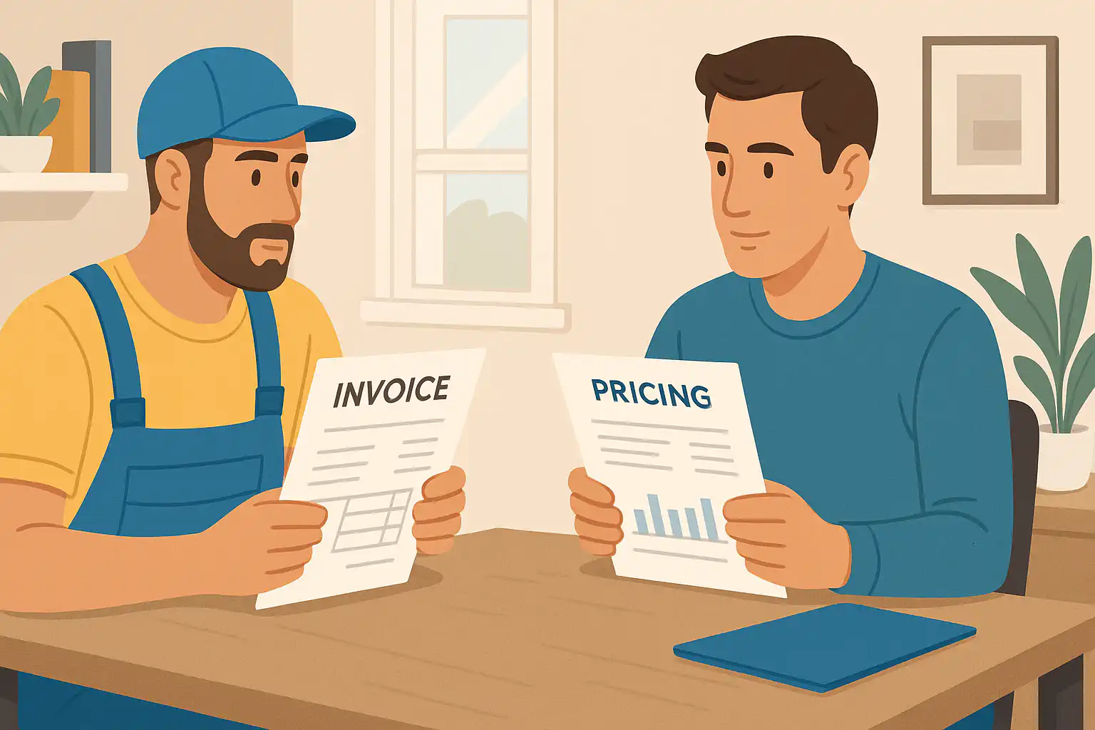 Two men at a table comparing an invoice sheet and a pricing report, representing transparent pricing evaluation at a local electrical supply store in Calgary and Edmonton.