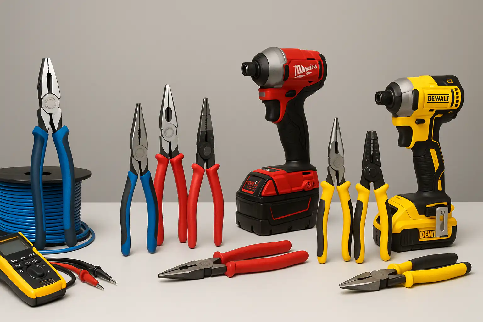 Selection of electrician tools including Milwaukee and DeWalt cordless drills, various pliers with colored grips, a yellow digital multimeter, and a spool of blue electrical wire displayed on a workbench