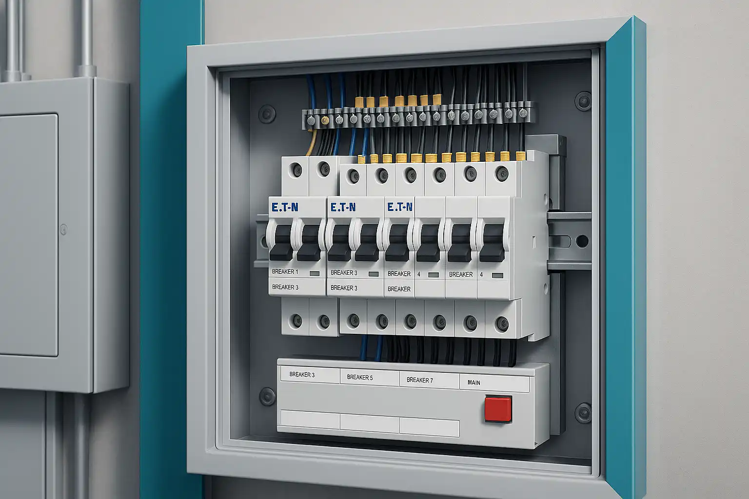 Close-up of a modern electrical breaker panel featuring several circuit breakers neatly installed, showcasing reliable breaker brands available in Alberta's top supply shops