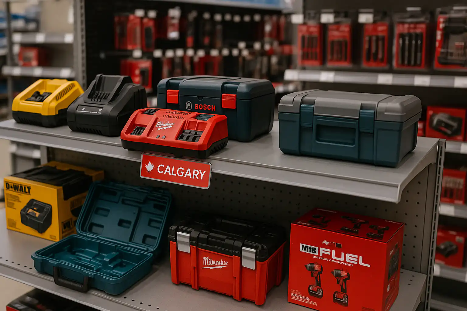 Toolboxes and battery chargers from top electrician tool brands including Milwaukee, DeWalt, and Bosch arranged on store shelves at Alberta Breaker & Supply Co Ltd in Calgary