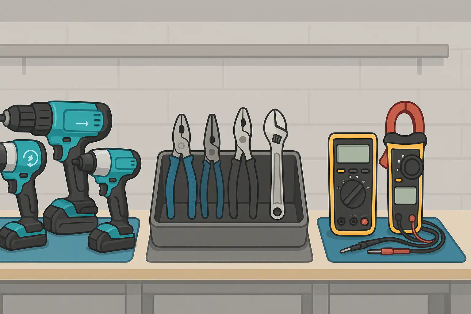 Assorted electrician tools including cordless drills, pliers, a wrench, and digital multimeters neatly arranged on a workbench, highlighting different tool brands and options in a shop environment.