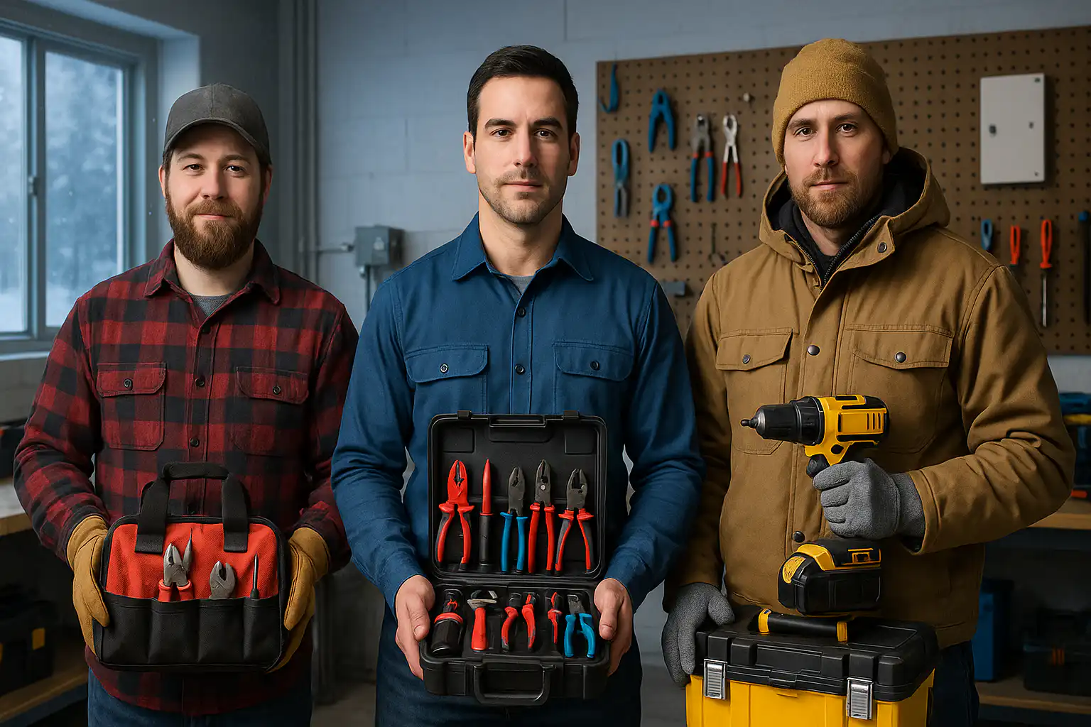 Three electricians in a workshop hold various professional tool kits including insulated pliers, hand tools, and a power drill, representing different electrician tool brands for comparison in Calgary and Edmonton.