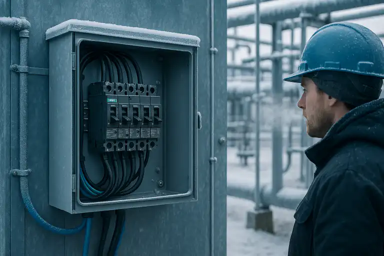 Technician in a blue hard hat inspecting an outdoor Siemens circuit breaker panel installed at an industrial facility in cold winter conditions