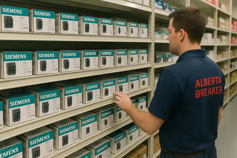 Employee in Alberta Breaker uniform organizing Siemens breaker boxes on warehouse shelves in Calgary and Edmonton shop.