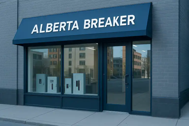 Shopfront of Alberta Breaker & Supply Co Ltd featuring controls and breaker panels displayed in large front windows in an urban Calgary or Edmonton setting