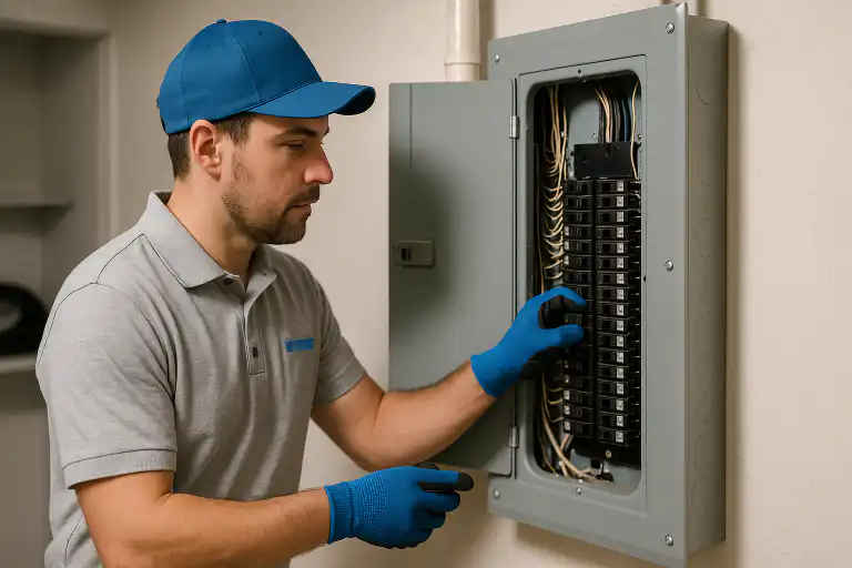 Technician in blue gloves and cap inspecting circuit breakers inside an open electrical panel, representing breaker matching services in Calgary and Edmonton