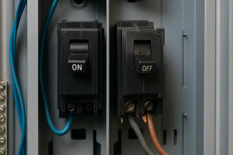 Close-up of two electrical breakers in an open panel, one switch marked on and one marked off, showing wiring detail for breaker matching services in Calgary and Edmonton