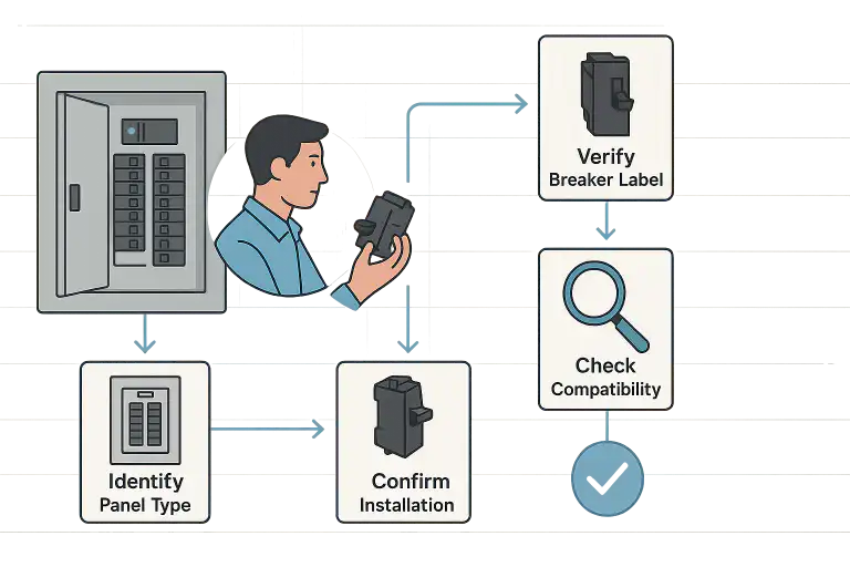 Illustration showing a technician comparing a circuit breaker against a panel, with labeled steps including identify panel type, verify breaker label, check compatibility, and confirm installation, highlighting the breaker matching services process.