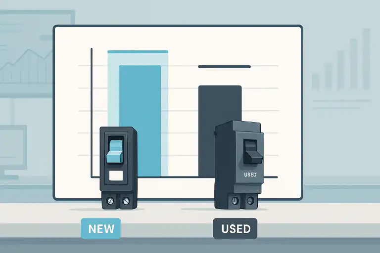 Illustration comparing a new and used circuit breaker placed in front of a bar graph, highlighting breaker matching services offered in Calgary and Edmonton