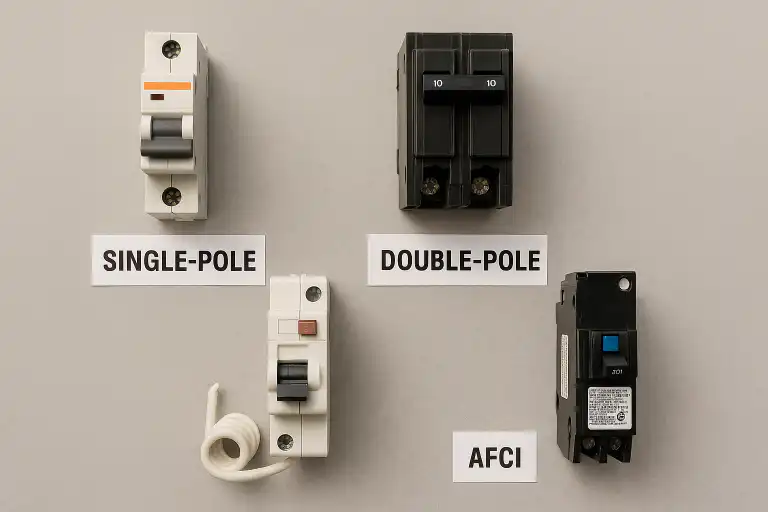 Four types of electrical circuit breakers labeled single pole double pole and AFCI arranged on a light background for breaker matching services at Alberta Breaker & Supply Co Ltd in Calgary and Edmonton
