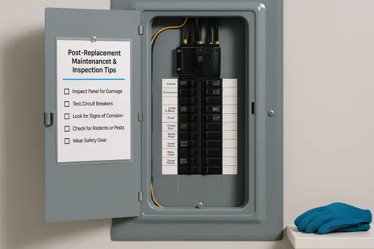 Open breaker panel with checklist of post-replacement maintenance and inspection tips including damage inspection, testing breakers, corrosion check and wearing safety gear, next to a pair of blue gloves