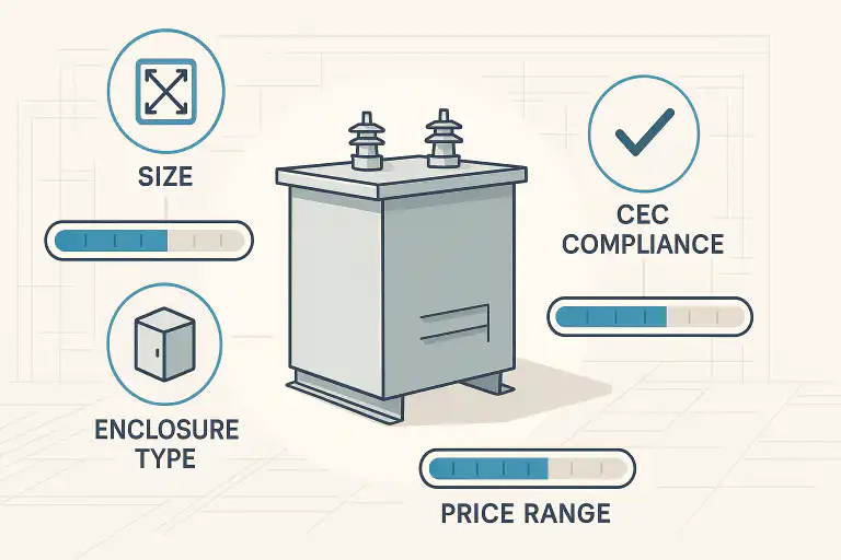 Illustration of a commercial breaker panel showing key factors like size, enclosure type, CEC compliance, and price range, tailored for businesses in Calgary and Edmonton