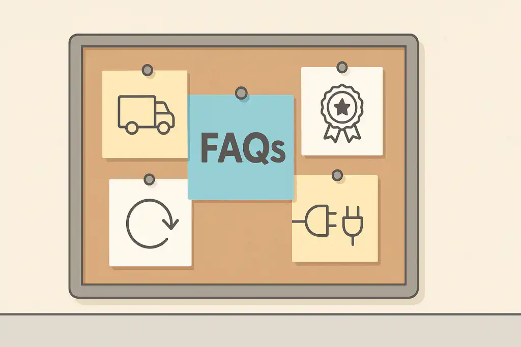 Illustration of a corkboard with FAQ note surrounded by icons for delivery, quality assurance, electrical plug, and service, representing distributor for electrical panels in Calgary and Edmonton.