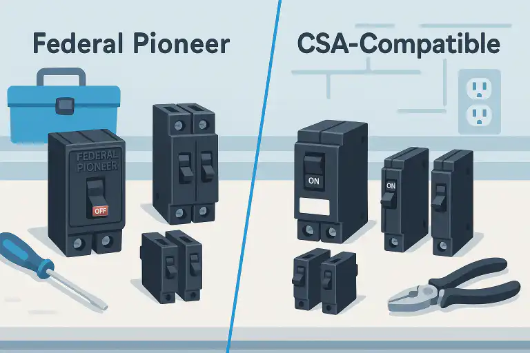 Federal Pioneer breakers and CSA-compatible breakers displayed side by side on a workbench, with tools and electrical outlets in the background, illustrating the different types of breakers available in Calgary and Edmonton