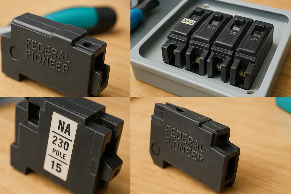 Close-up of Federal Pioneer breakers including detailed views of breaker casing, labels, and a mounted set in an electrical panel on a wood surface, suited for residential and commercial electricity applications in Canada.