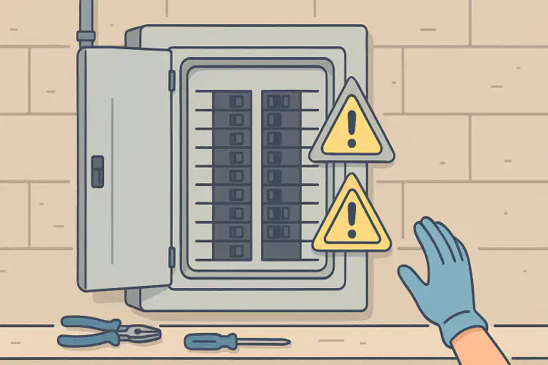 Illustration of an open electrical panel with multiple circuit breakers, caution warning signs, tools on the workbench, and a gloved hand emphasizing electrical safety