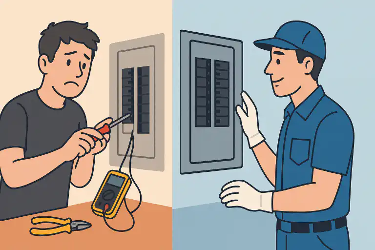 Illustration showing a concerned person attempting to fix an electrical breaker panel and a professional electrician confidently handling a Federal Pioneer breaker panel, representing safer installation and maintenance