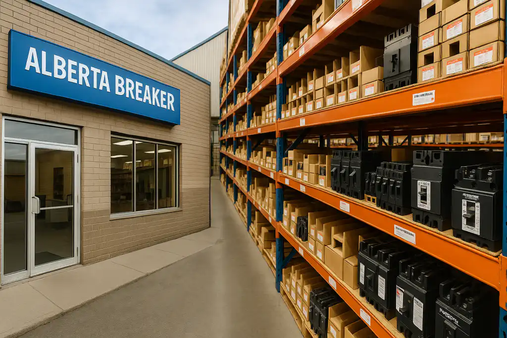 Interior view of Alberta Breaker & Supply Co Ltd warehouse with shelves stocked with Federal Pioneer breakers in Calgary and Edmonton