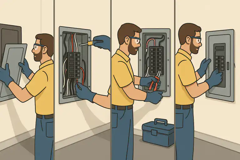 Illustration showing a technician replacing a breaker panel in four steps including removing the panel cover, working with wiring, using tools, and closing the panel