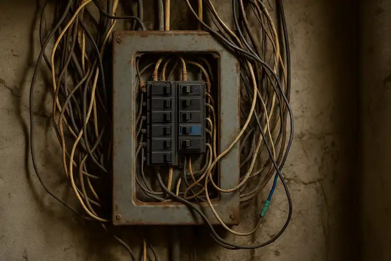Close-up of an aged electrical breaker panel with exposed, tangled wires mounted on a concrete wall, illustrating a common situation requiring breaker panel replacement.