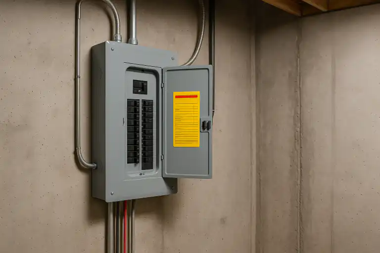 A gray residential breaker panel with open door showing neatly labeled electrical controls and circuit breakers mounted on an unfinished concrete wall.