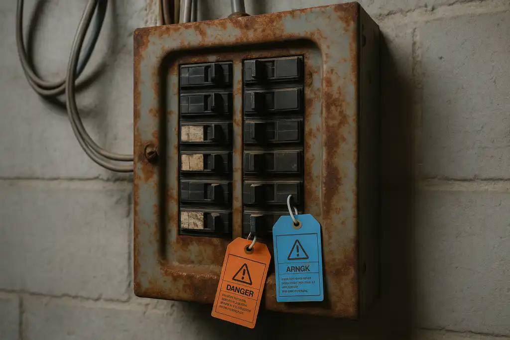 Old rusted commercial breaker panel mounted on a concrete wall with orange and blue safety tags attached to switches