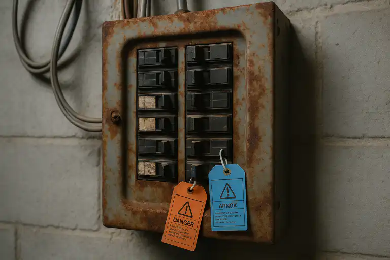 Old rusted commercial breaker panel mounted on a concrete wall with orange and blue safety tags attached to switches