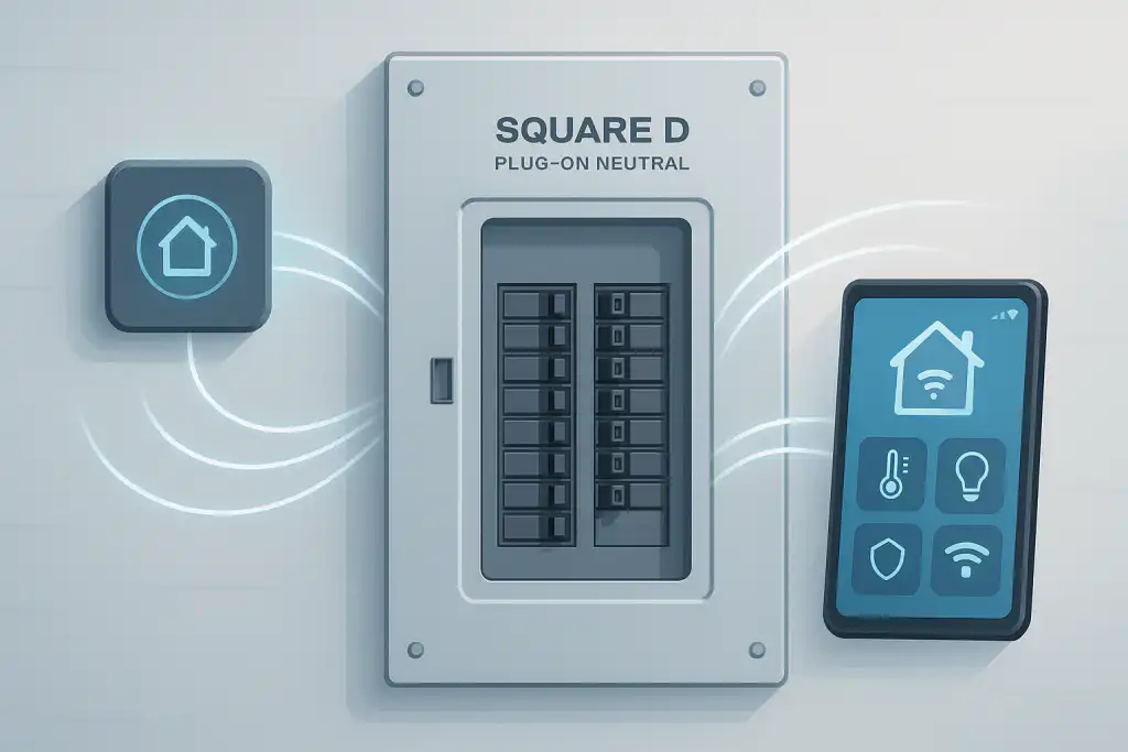 Square D circuit breaker panel connected with smart home automation devices and a mobile app interface, illustrating modern electrical solutions available in Alberta