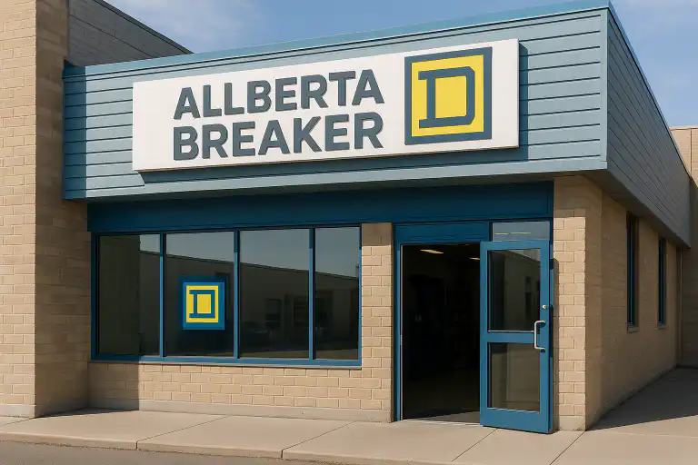 Modern storefront of Alberta Breaker & Supply Co Ltd featuring prominent Square D branding on building exterior in Calgary or Edmonton