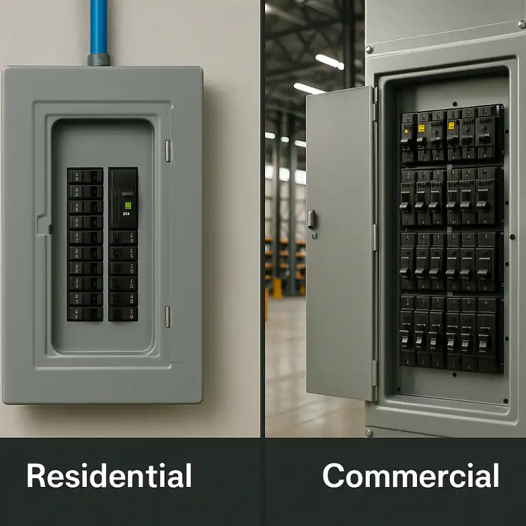 Side by side view of residential and commercial Square D breaker panels, showing circuit breakers installed in gray metal enclosures, highlighting options available in Alberta
