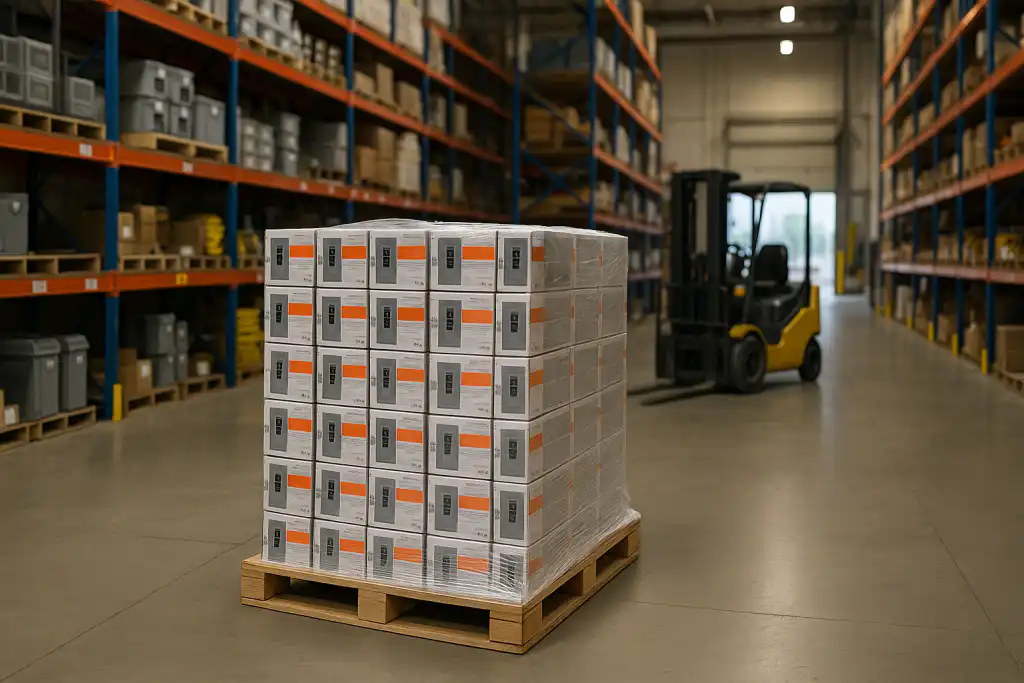 Pallet of boxed circuit breakers wrapped in plastic on warehouse floor with forklift and shelving in the background at Alberta Breaker & Supply Co Ltd