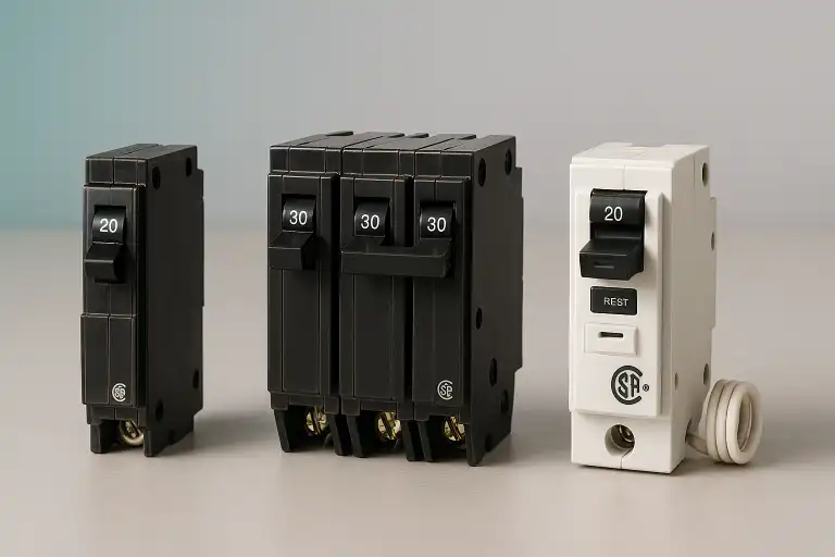 Three CSA approved circuit breakers of different sizes=