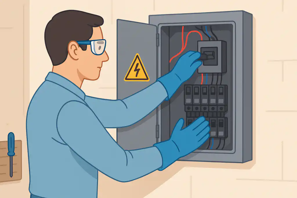 Technician wearing safety gear inspecting a Rex Brand circuit breaker panel in an industrial setting, focusing on safe electrical maintenance procedures.